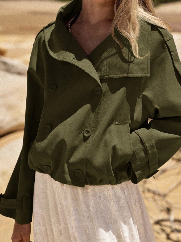 Army Green Casual Women's Double-Breasted Short Trench Coat